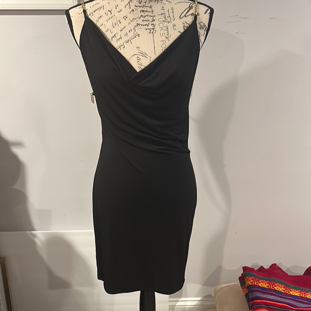 Black Ruched Mini Dress with Cowl Neck